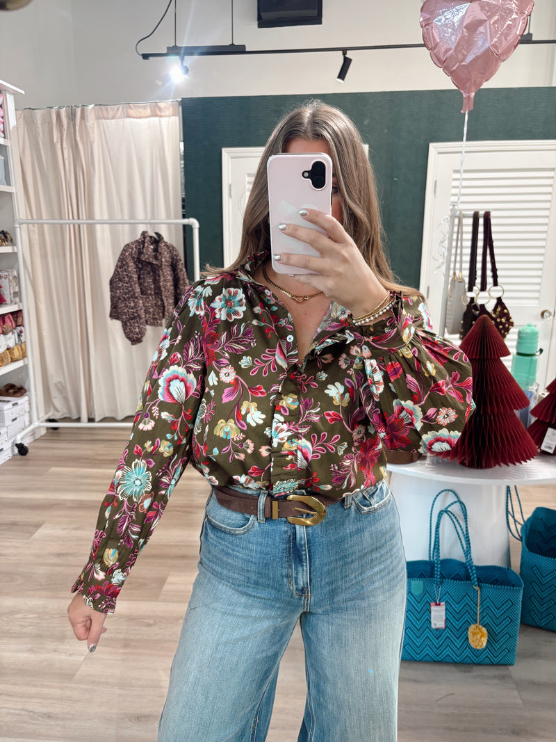 Olive Floral Ruffled Top