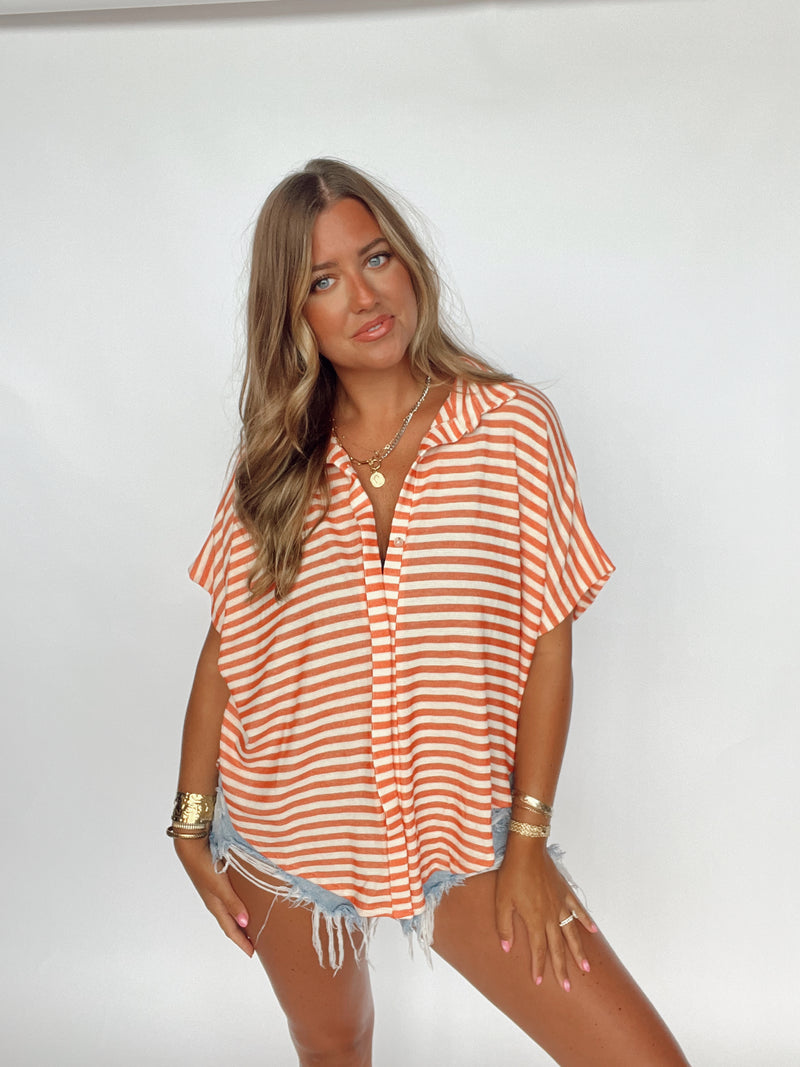 Coral Striped Button Up