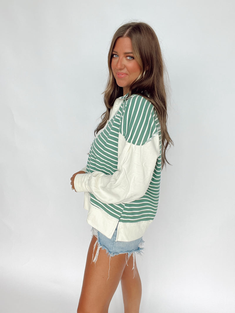 Striped Funnel Neck Pullover | GREEN