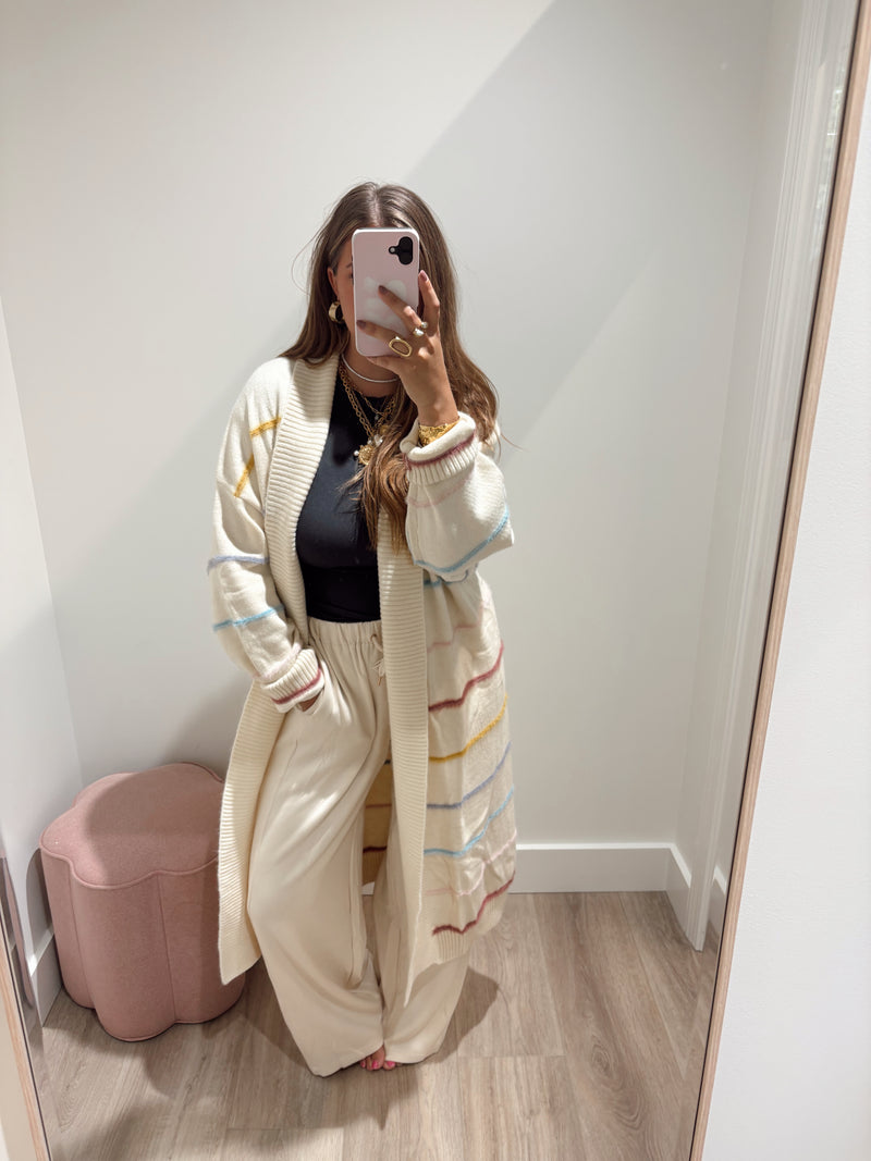 Cream Striped Maxi Cardigan