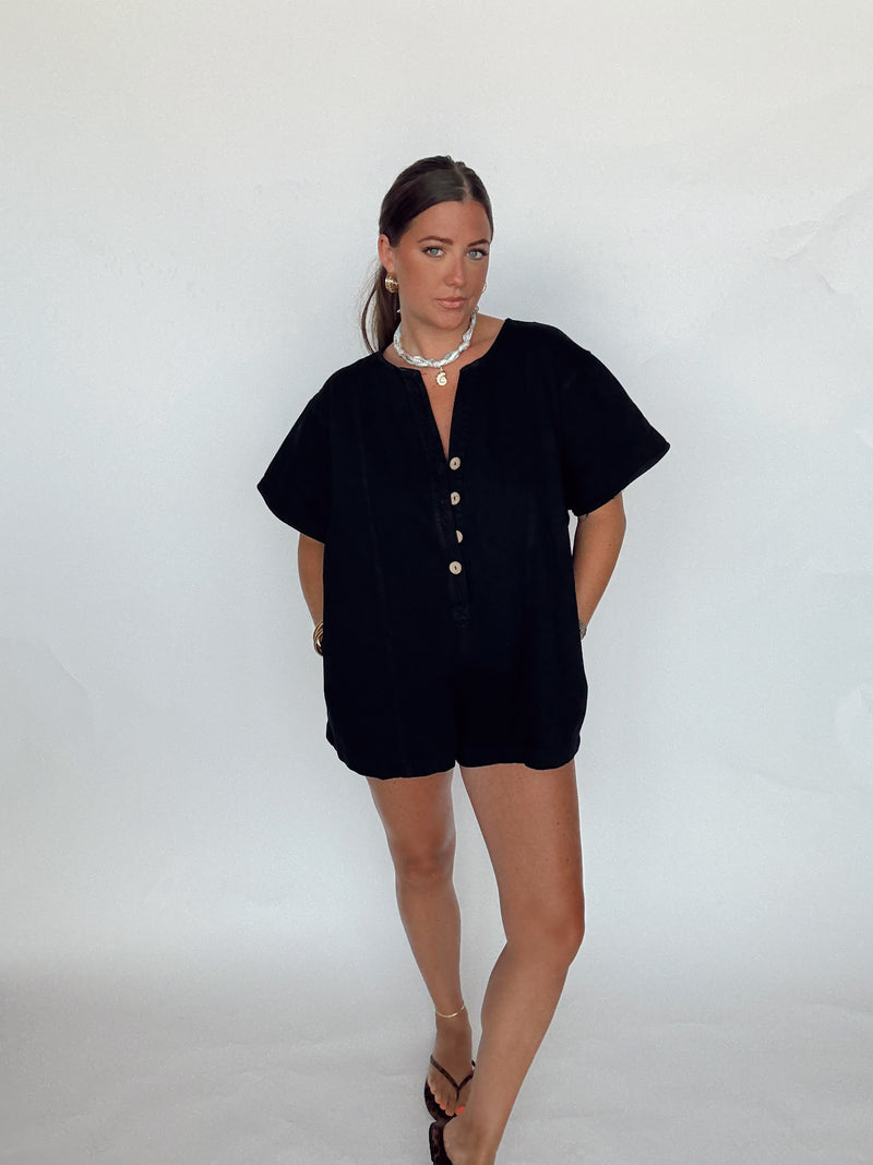 Black Denim Button Romper