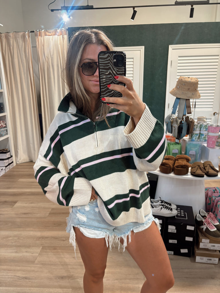 新品未使用 POCKET SHADE M ND ver RETRO STRIPE Wide Stripe Collared Green Half Zip | restock – Coral Boutique