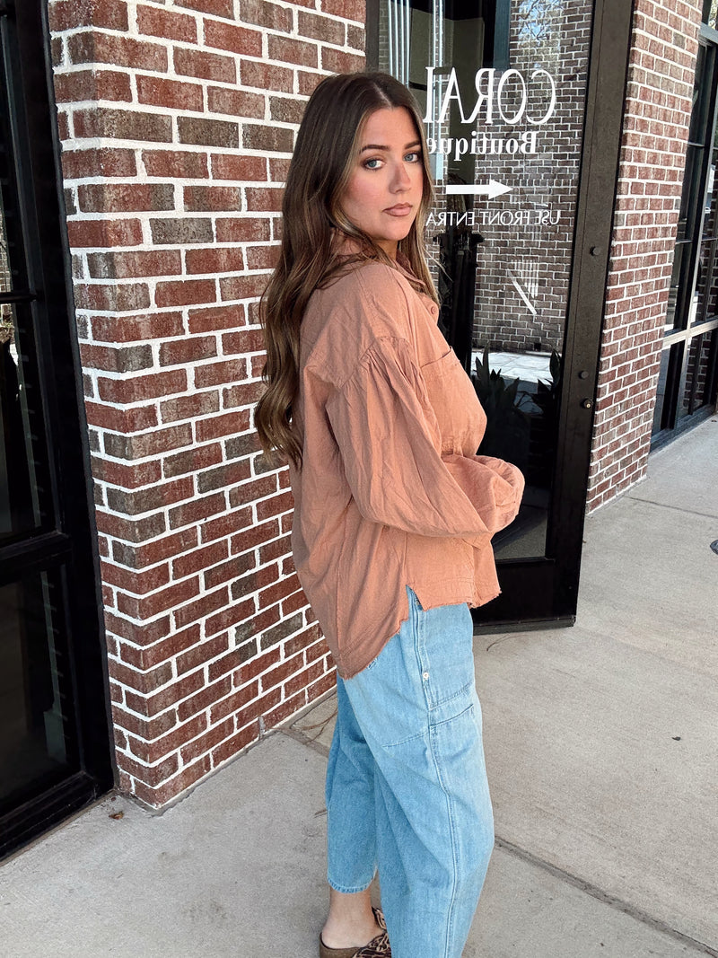 Rust Gauze Button Up