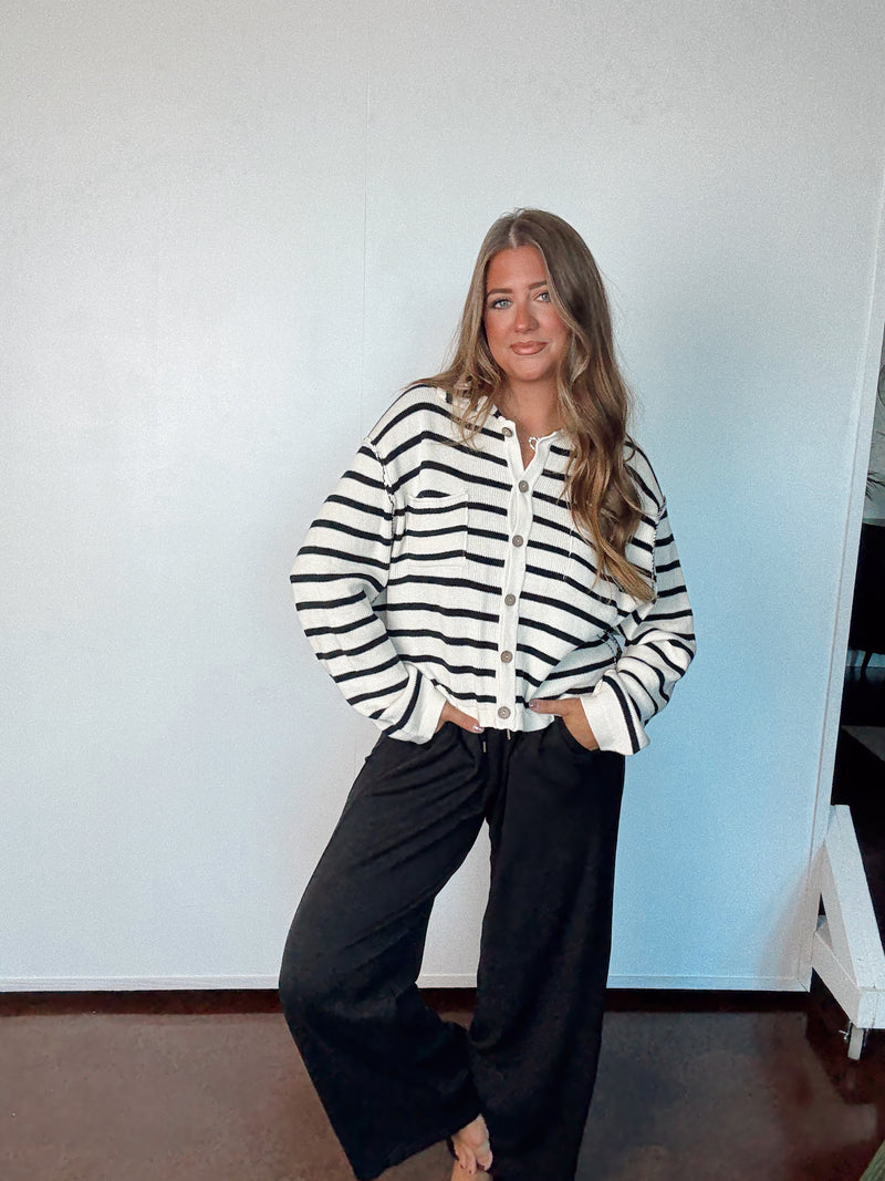 Black + White Striped Button Up