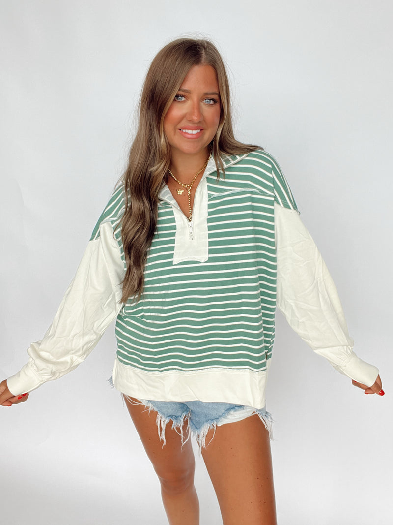 Striped Funnel Neck Pullover | GREEN