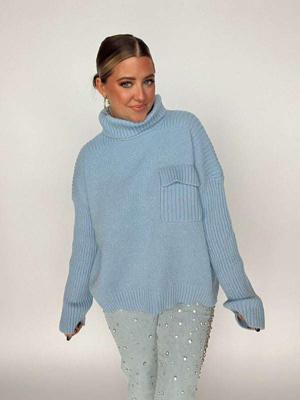 Mock Neck Ribbed Sweater | Blue