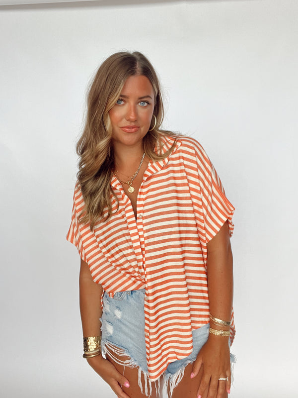 Coral Striped Button Up