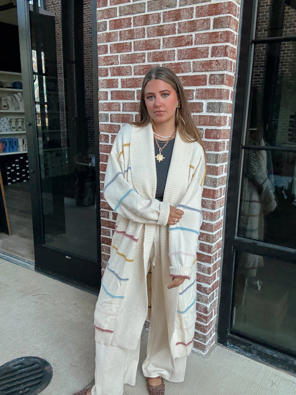 Cream Striped Maxi Cardigan