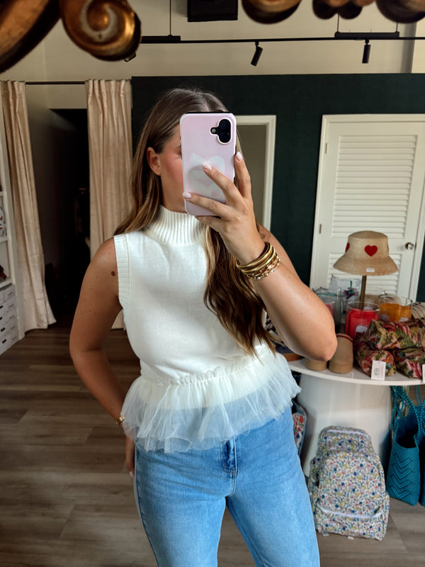 Cream Mock Neck Ruffle Tank