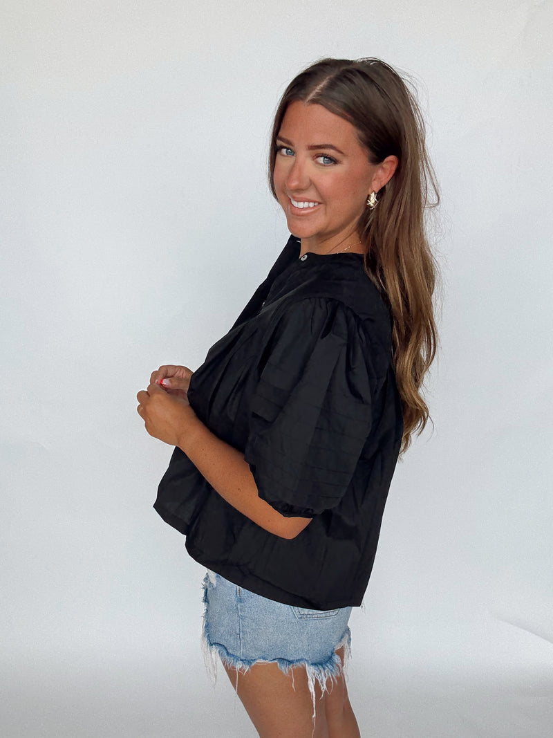 Black Pleated Button Up Top