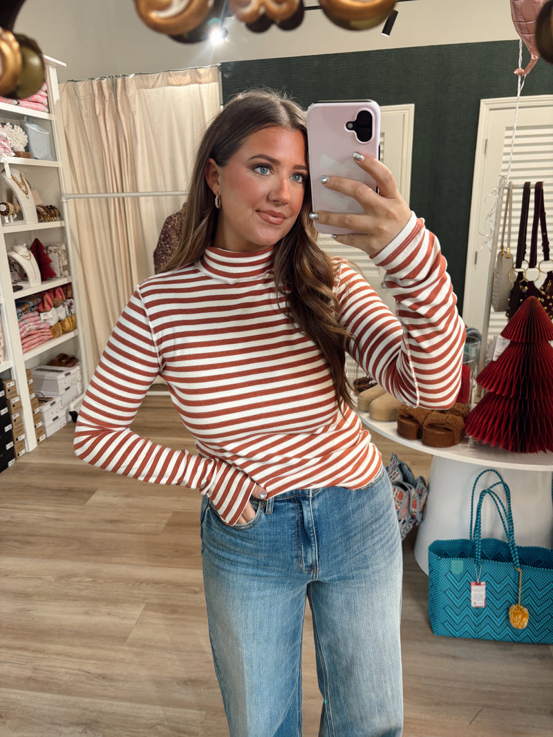 Rust Striped Mock Neck Top