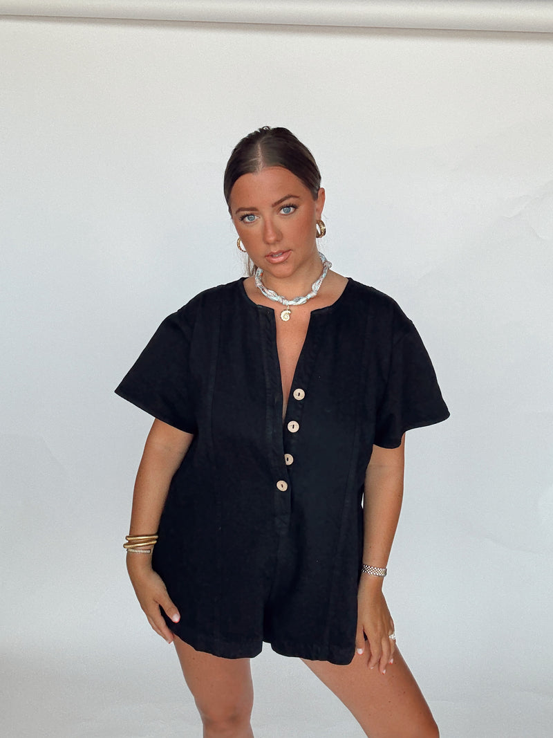 Black Denim Button Romper