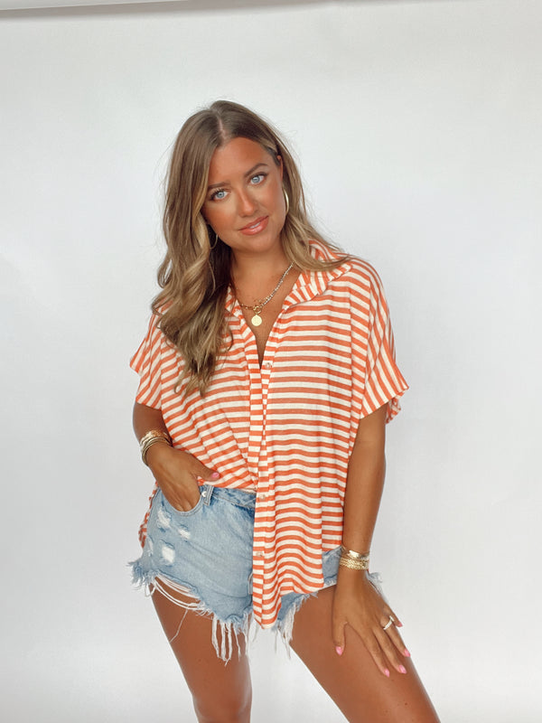 Coral Striped Button Up