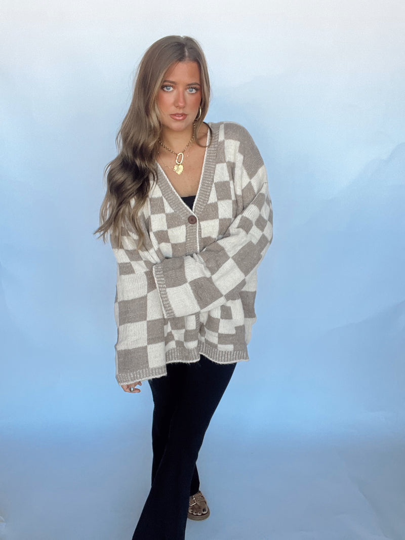 Taupe/Cream Checkered Cardi