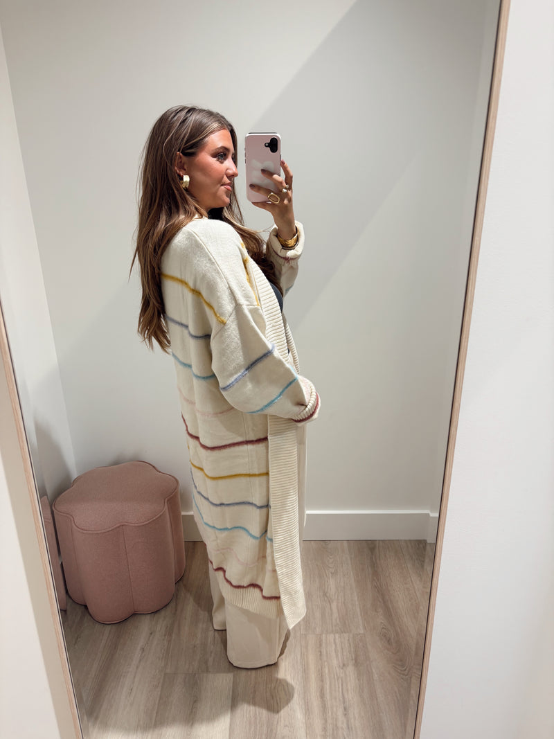 Cream Striped Maxi Cardigan