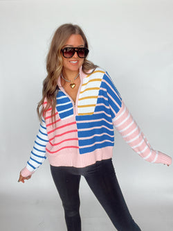 Pink Striped Half Zip Sweater