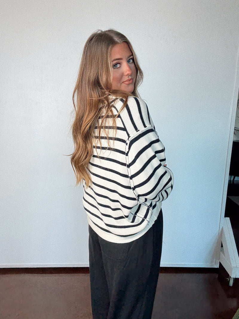 Black + White Striped Button Up