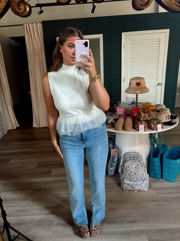 Cream Mock Neck Ruffle Tank