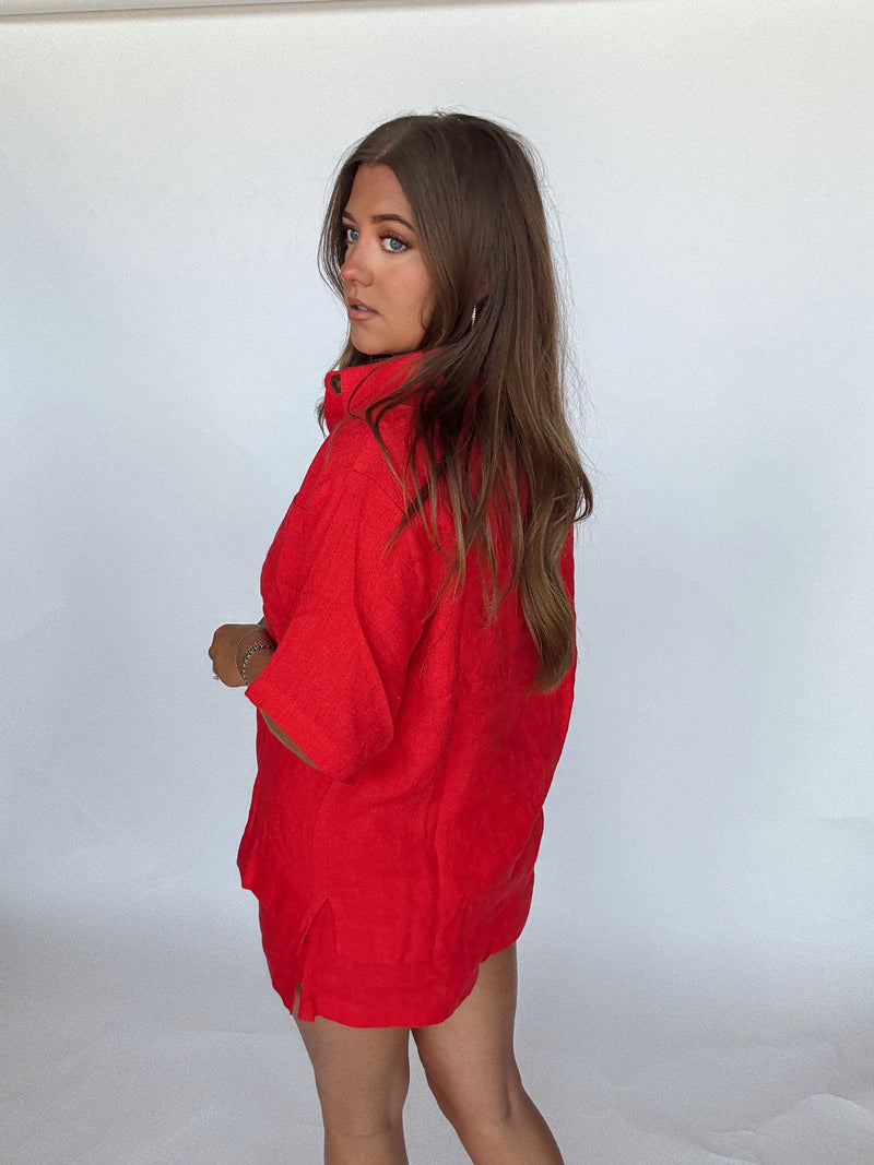 Red Linen Short Set