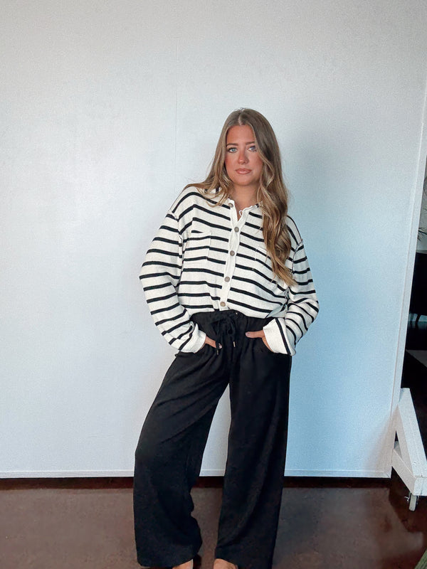 Black + White Striped Button Up