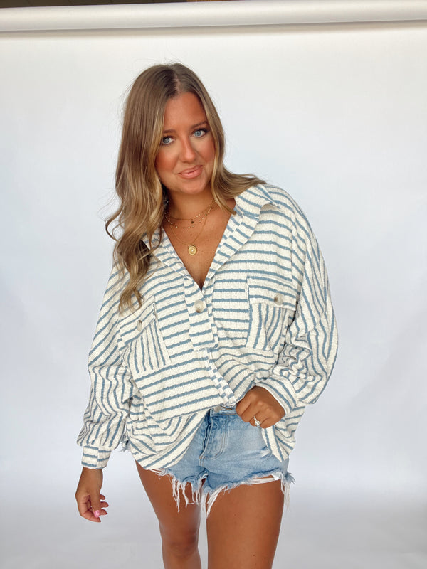 Blue Collared Striped Button Up