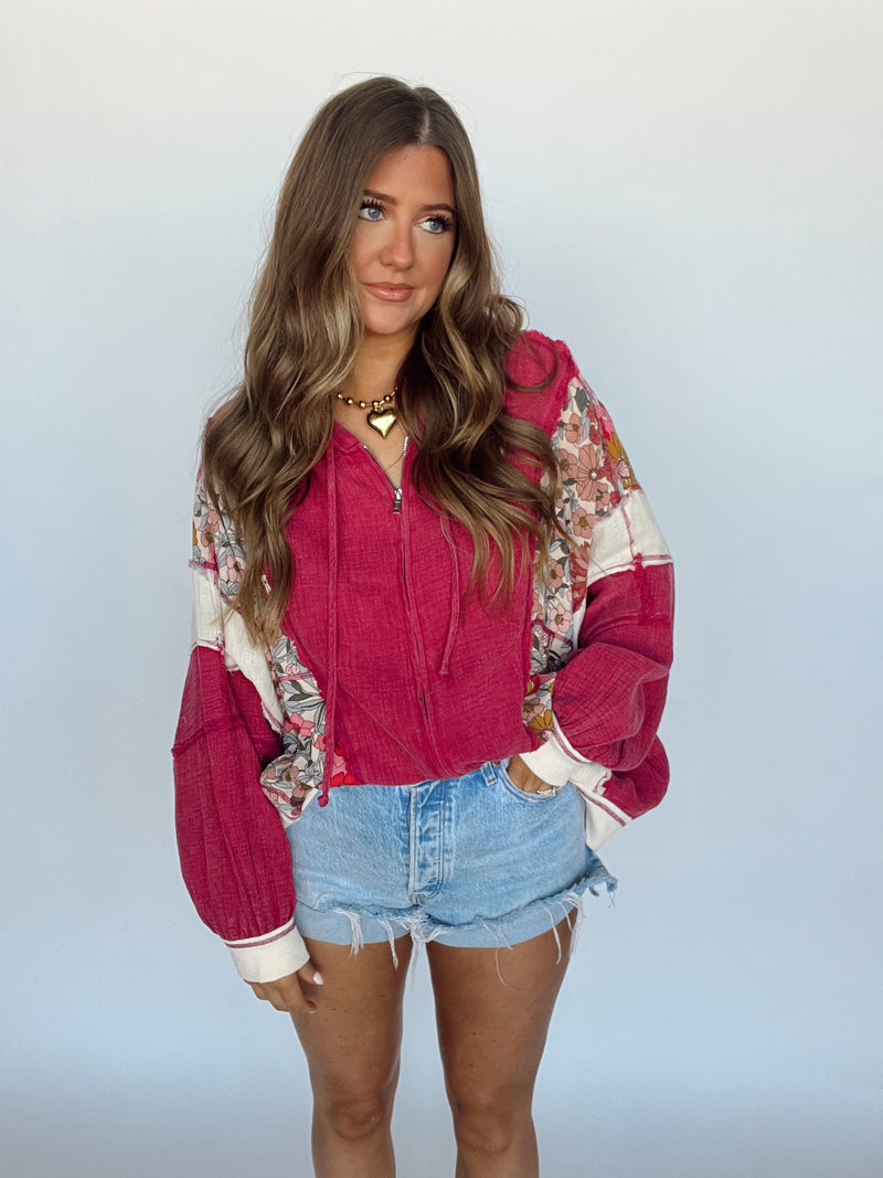 Magenta Floral Zip Hoodie