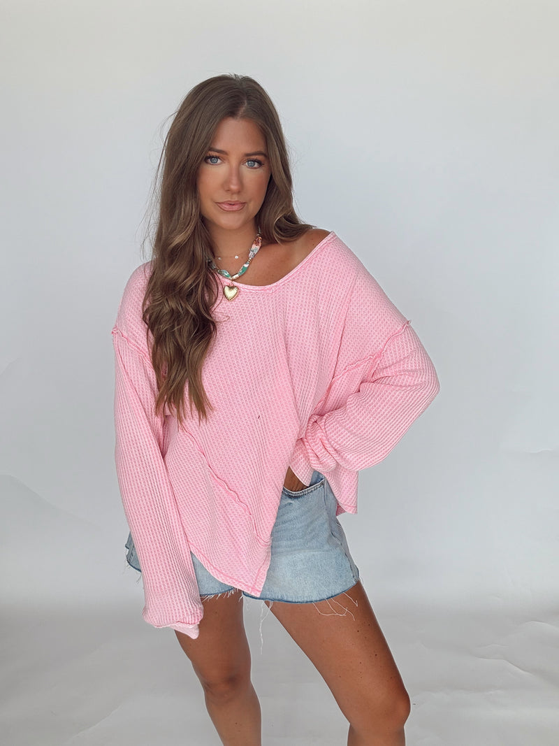Malibu Pink Waffle Knit Long Sleeve