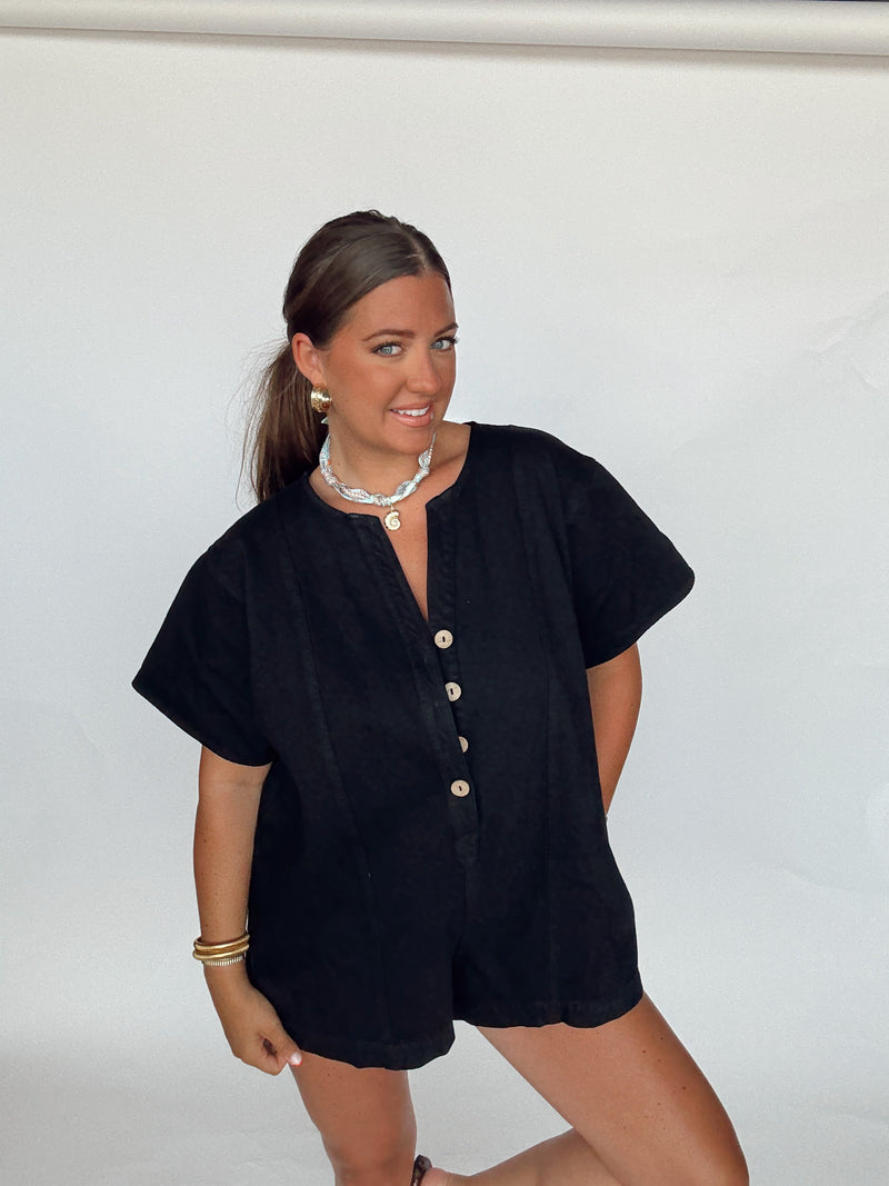 Black Denim Button Romper