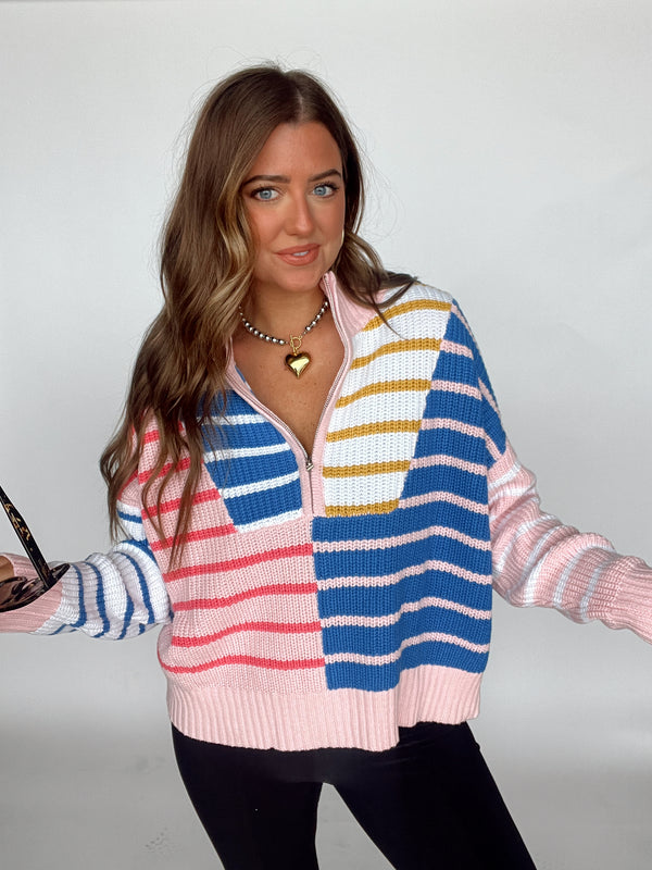 Pink Striped Half Zip Sweater