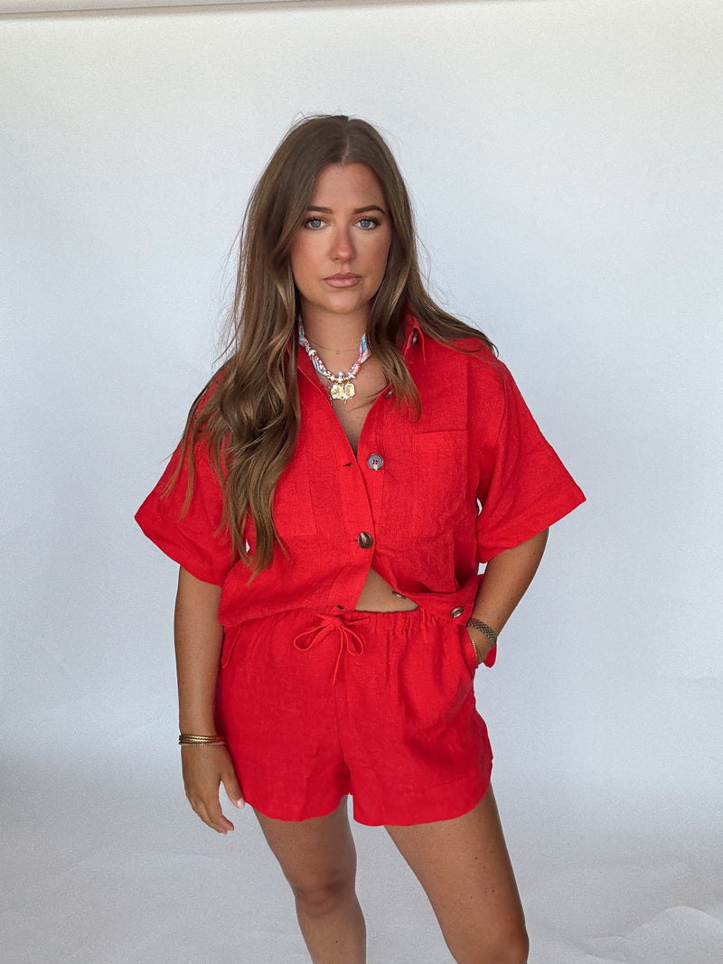 Red Linen Short Set